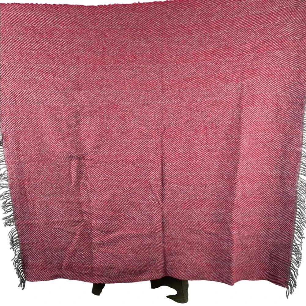 Woolmark Pure New Wool‎ Herringbone Throw Blanket Red Grey Fringe Made in Italy